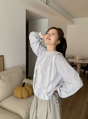 正品miluroom米鹿sicily韩重工蕾丝拼接条纹长袖小衫女ouur01092