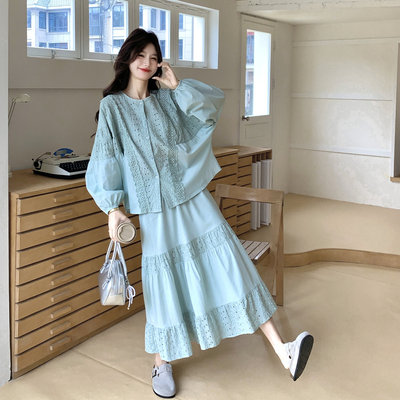 韩系绣花蛋糕连衣裙显瘦两件套