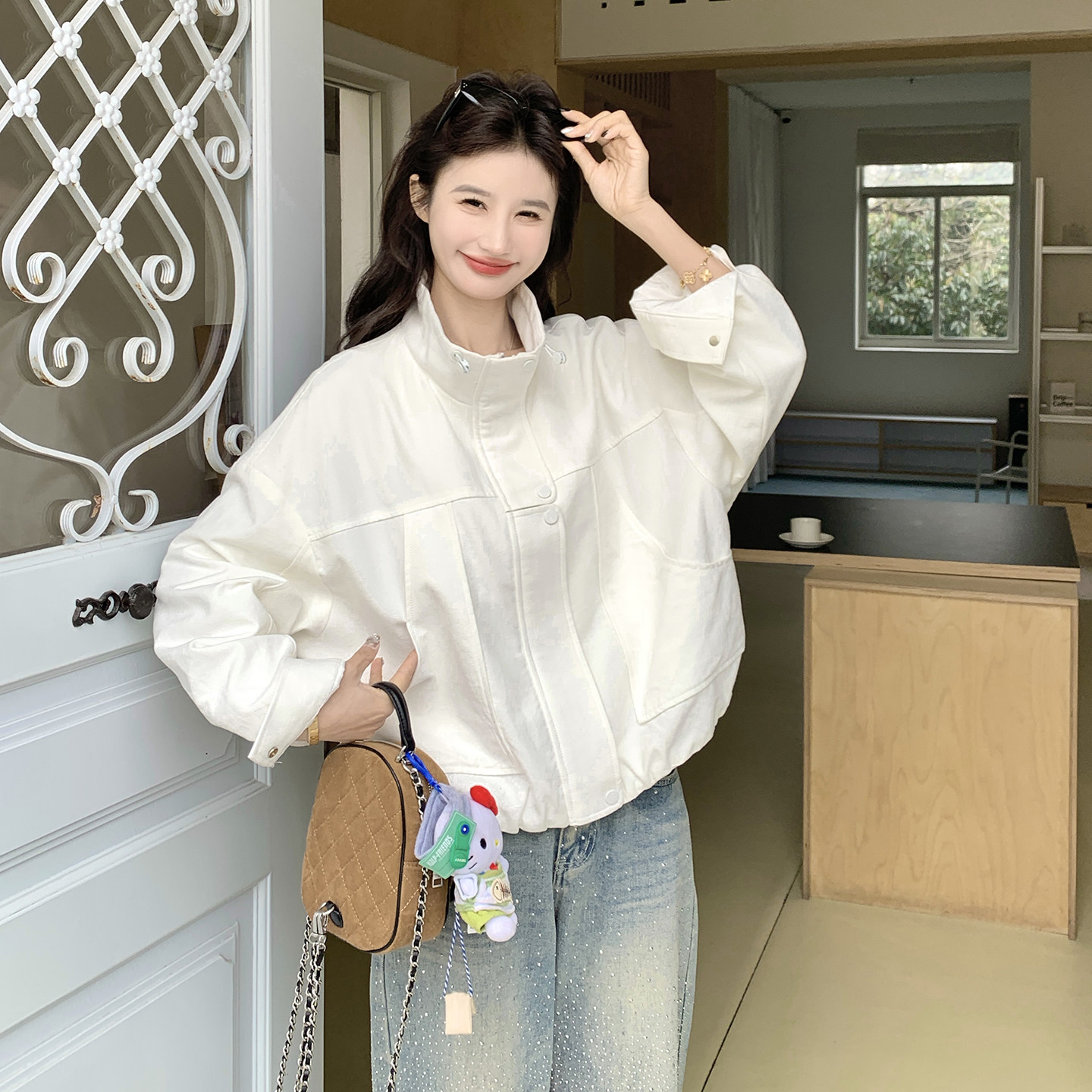 春季白色立领工装短外套女百搭