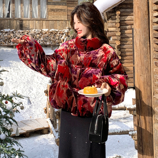 复古丝绒中式立领短款羽绒服女2025冬季灯笼袖白鸭绒加厚保暖外套