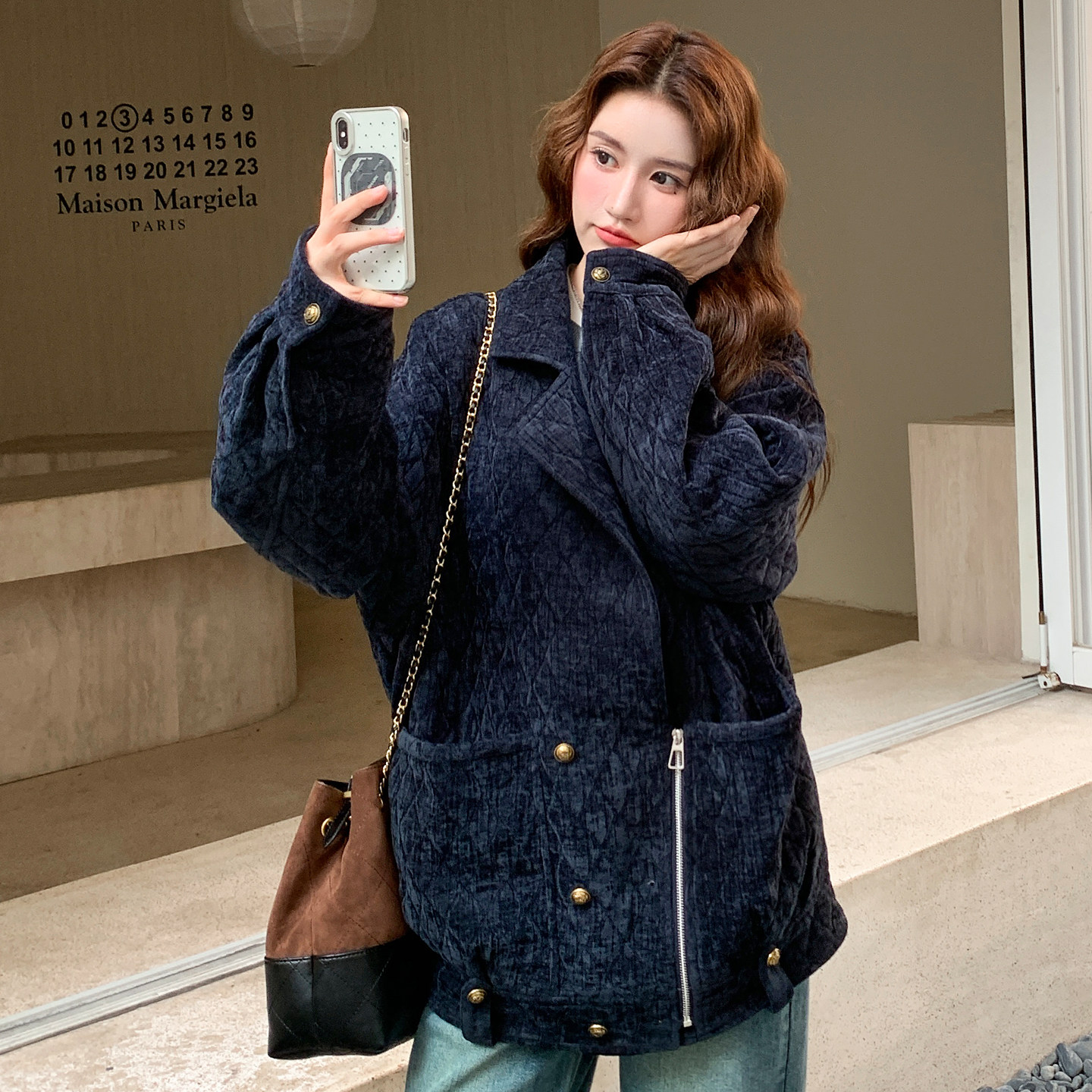 复古菱格毛呢大衣女冬季新款