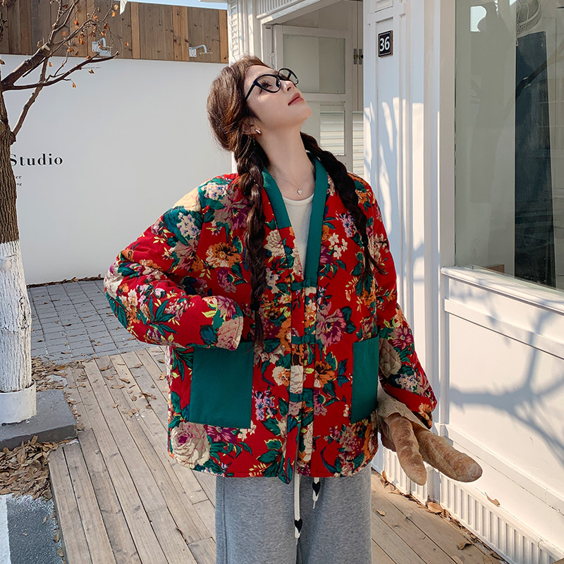 复古中式国风印花棉服女
