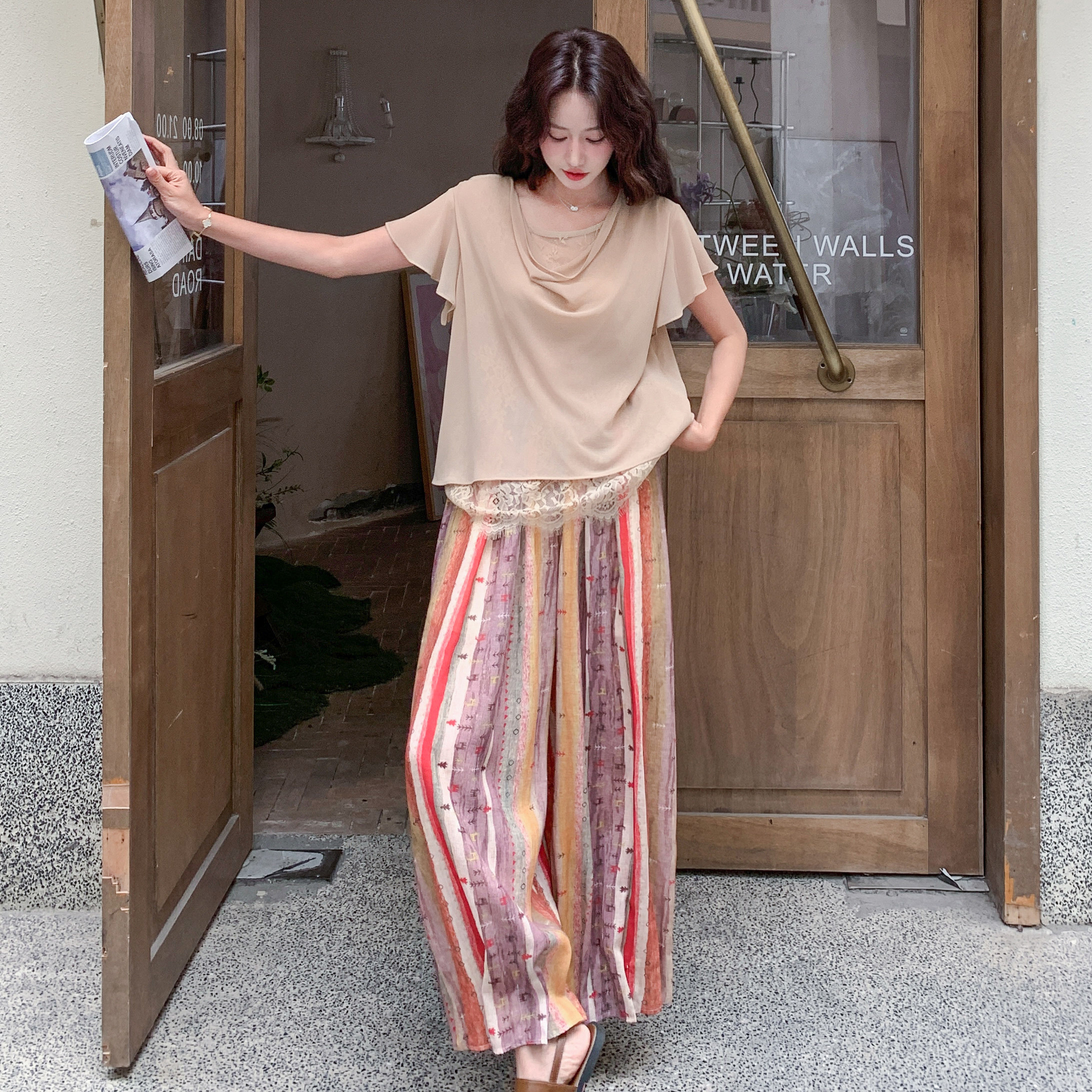 复古波西米亚彩虹条纹阔腿裤女