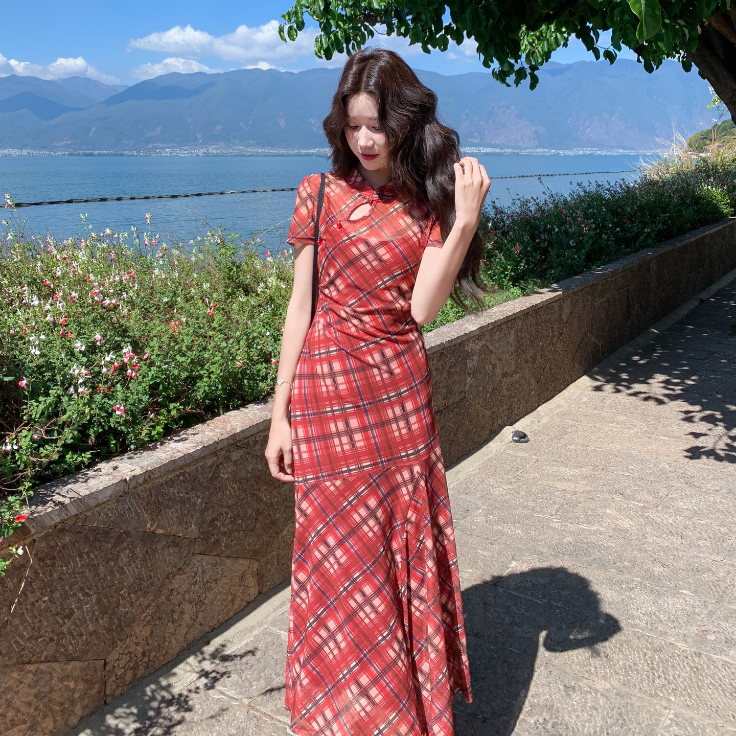 夏季复古格纹改良旗袍连衣裙