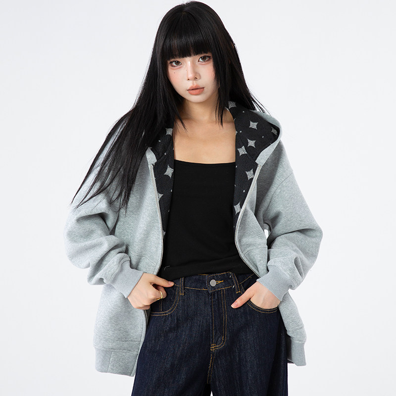 复古休闲风卫衣女秋新款宽松显瘦小个子印花拼接连帽开衫外套上衣