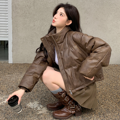 复古皮面羽绒服女冬季短款