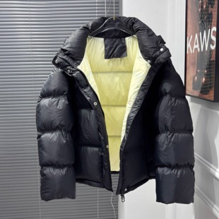 时尚百搭大码宽松短款连帽羽绒服撞色内衬洋气白鸭绒面包服外套女