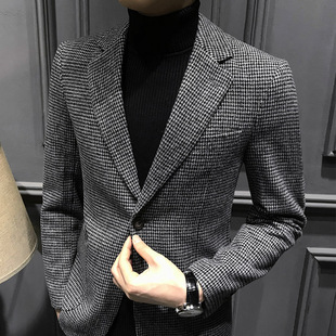 千鸟格西装男秋冬季修身羊毛外套休闲格子小西服潮流单西男装上衣
