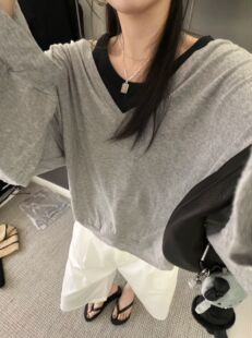 现货韩货超薄柔软V领大版宽松松弛长袖T恤泡泡袖