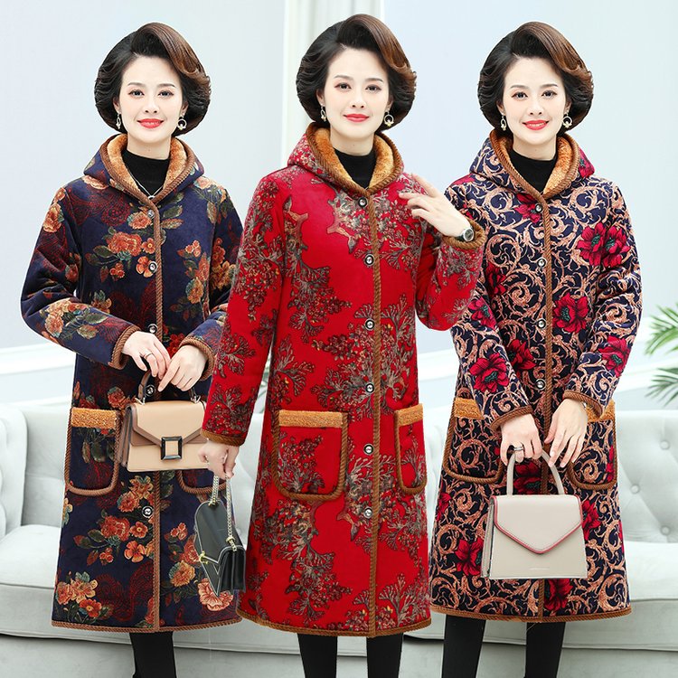 冬季中老年人女加绒加厚棉服长款过膝棉衣外套妈妈装连帽保暖棉袄图片