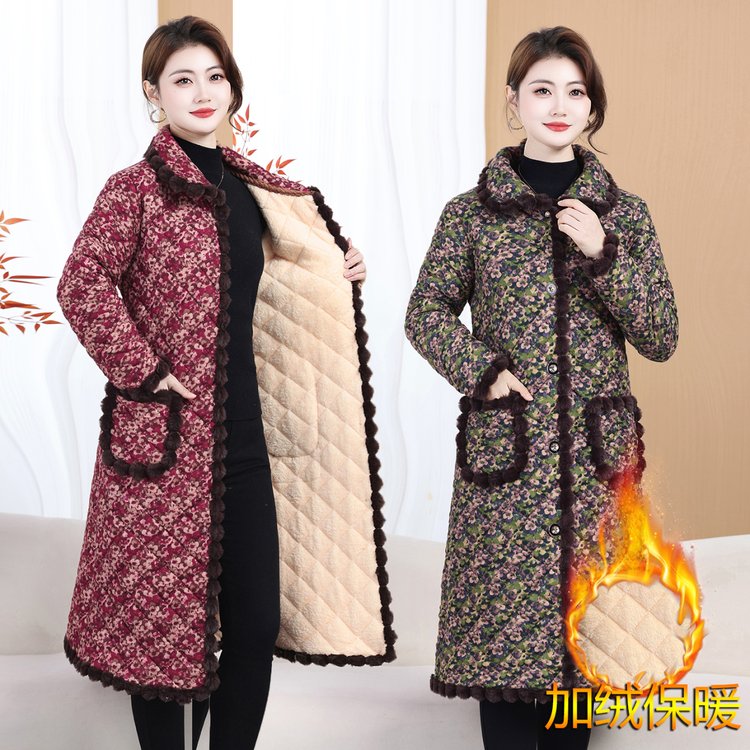 妈妈冬装翻领碎花长款棉服图片