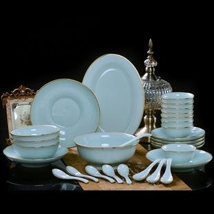 景德镇碗碟套装家用简约欧式中式金边豆青釉餐具套装碗盘组合高档