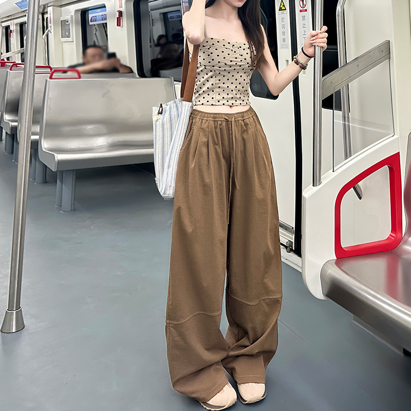 速干运动裤女2025春夏新款高腰宽松显瘦抽绳垂感红色阔腿裤裤子