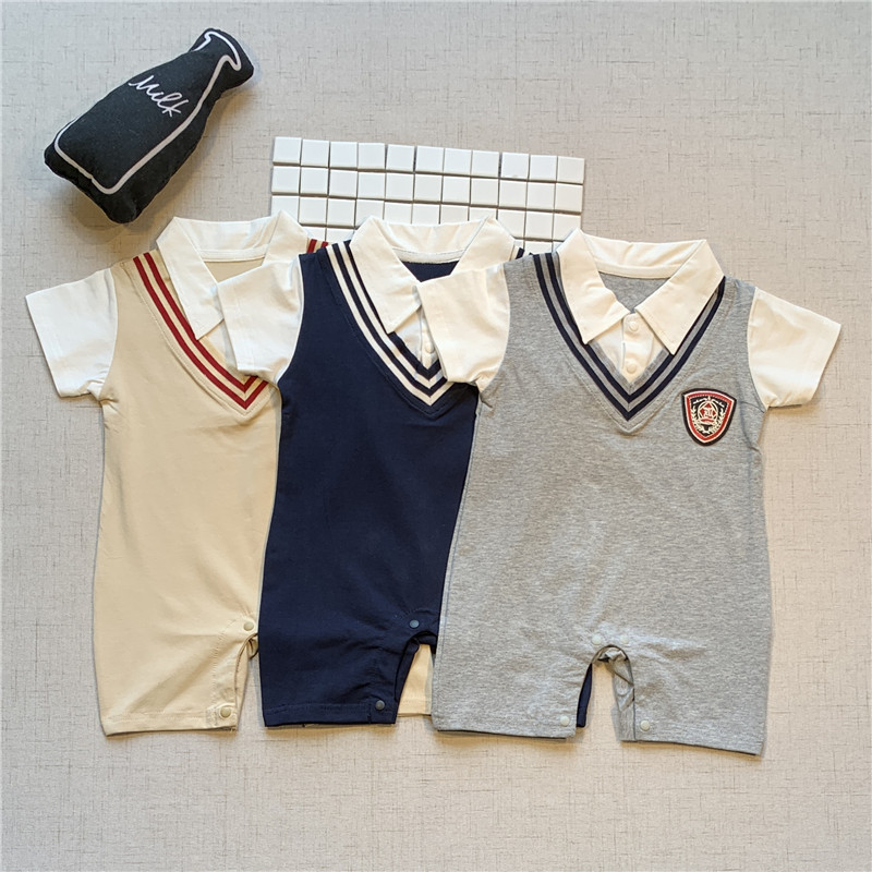 英伦翻领夏季刺绣胸标连体衣爬服
