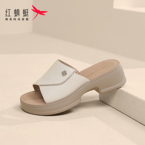 红蜻蜓拖鞋女真皮坡跟休闲外穿