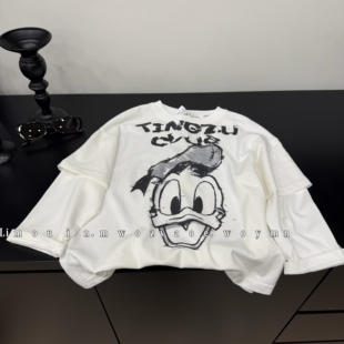 休闲百搭上衣 儿童纯棉简约打底假两件长袖 春季 新款