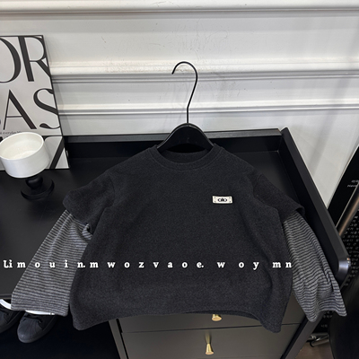 春季儿童韩版假两件圆领卫衣儿童拼接宽松百搭中大童长袖