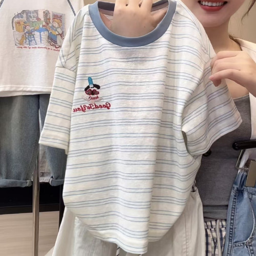 夏季韩系慵懒风宽松撞色条纹短袖T恤女款