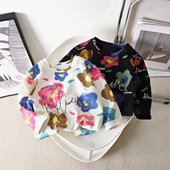 儿童长袖 男女宝宝中大童圆领上衣 水墨风大花印花字母长T2025新款