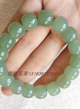 捡漏一元拍12mm老型珠晴水绿男女士手珠手链青白玉圆珠手串玉石
