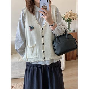 西兰花花 白色针织马甲春秋百搭款外搭日系文艺复古背心上衣女款