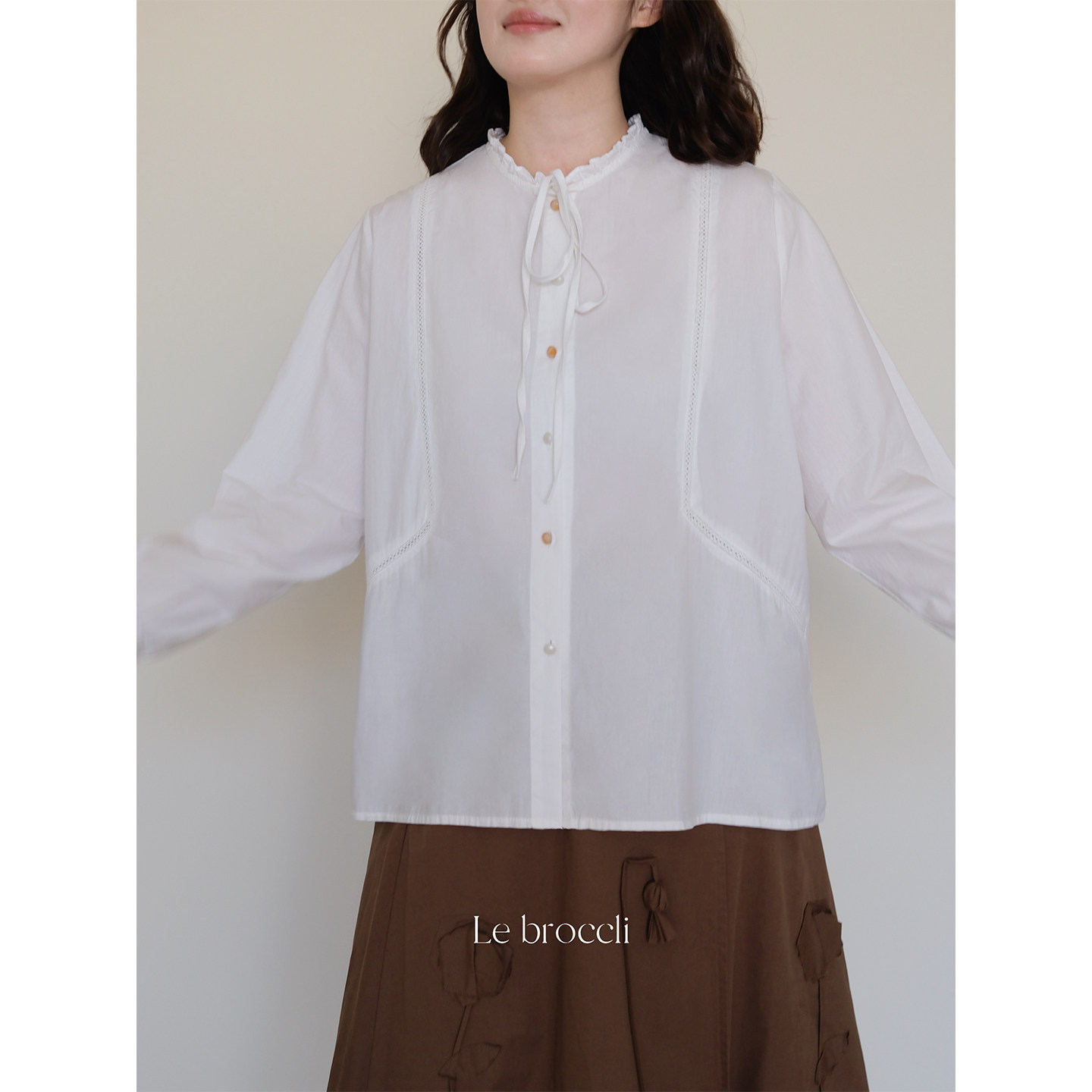 西兰花花 纯棉花边系带衬衫小众设计纽扣衬衣25年新款叠穿上衣女