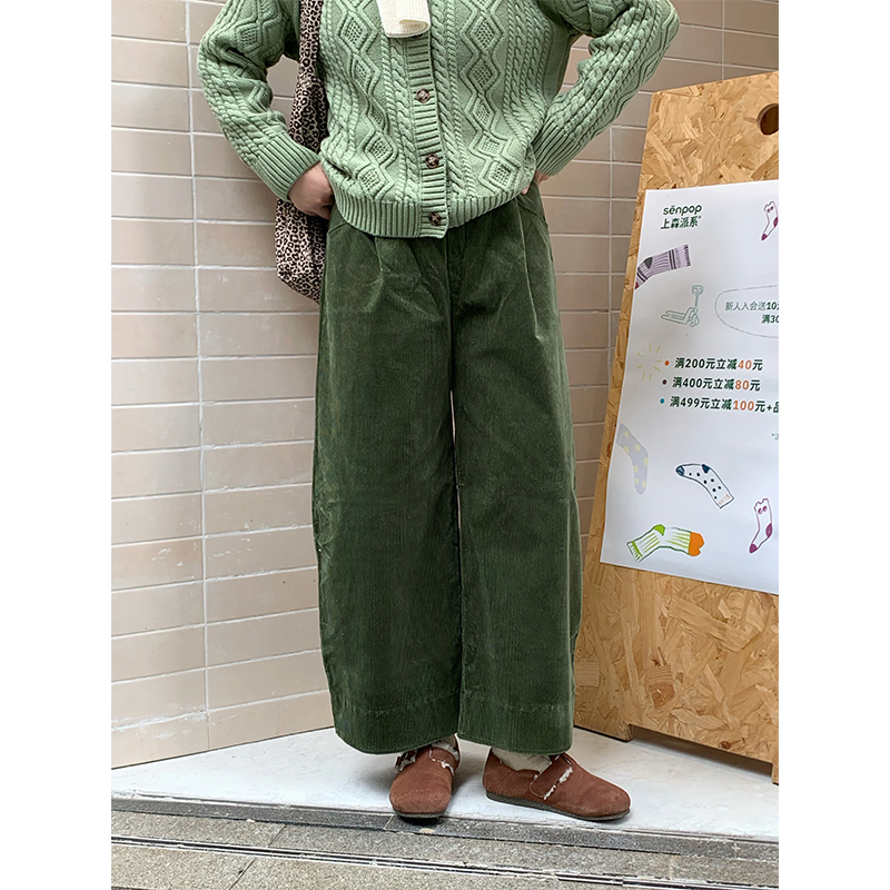 西兰花花 秋冬复古精致感绿色九分裤灯芯绒阔腿裤显瘦宽松裤子女