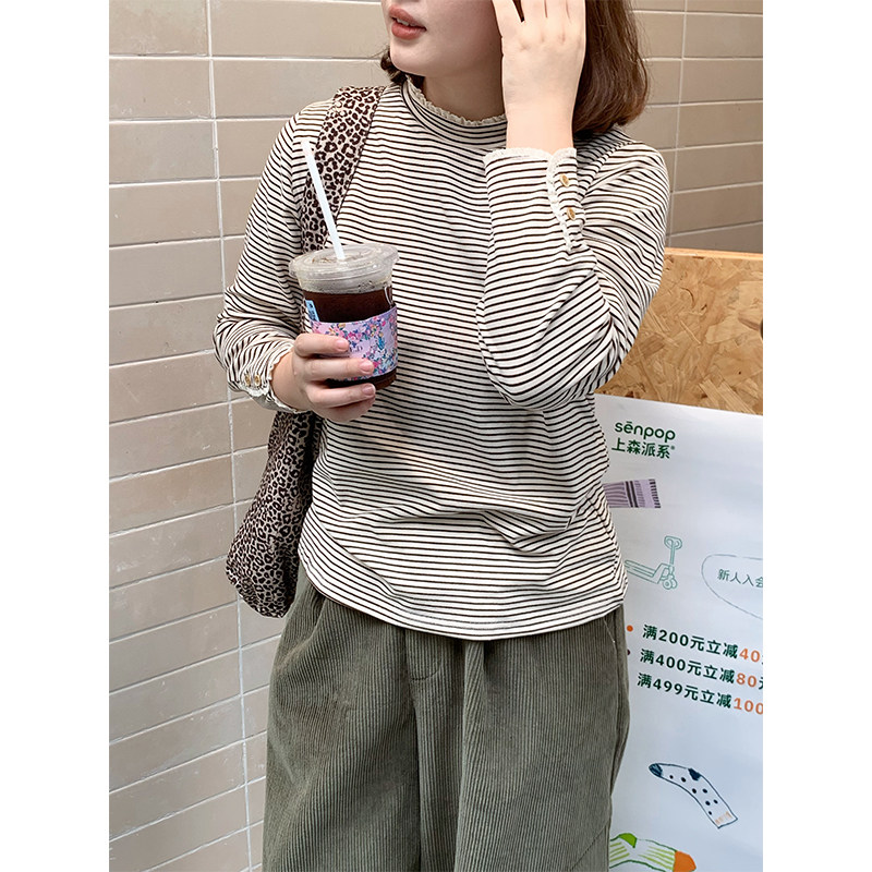 西兰花花 秋冬百搭打底衫条纹杉花边宽松T恤文艺内搭上衣女巨好看