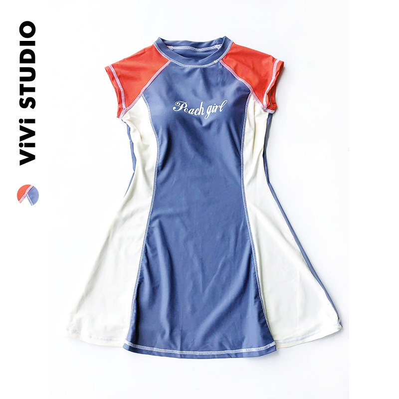 vivistudio/软妹子复古撞色ins风可爱学生裙式泳衣两件套保守泳衣