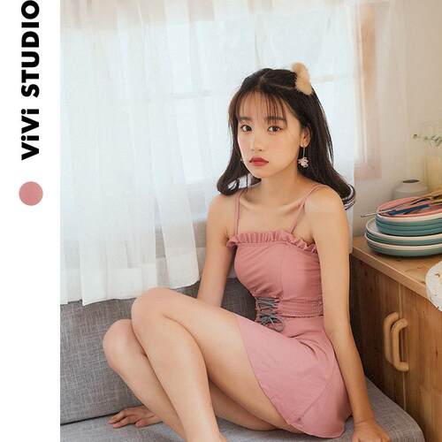 [viviStudio24ss]日系少女可爱粉色泳衣四角裤防走光海边裙式泳装 - 封面