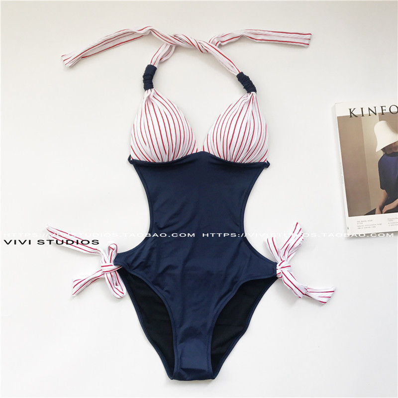 vv/ 新款性感小心机拼色游泳衣挂脖美背度假温泉连体女泳衣比基尼