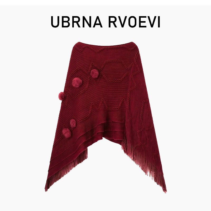 UR民族风毛球流苏斗篷披肩女新疆西藏旅游围巾