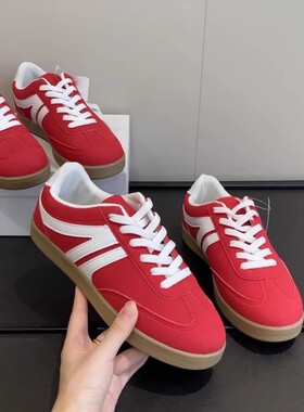 断码清仓捡漏~出口外单~复古红色德训鞋舒适低帮系带休闲运动板鞋
