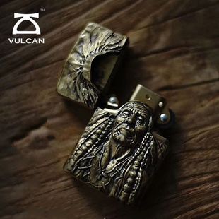 VULCAN伏尔甘印第安酋长无畏防水风打火机手工雕刻925银黄铜礼物