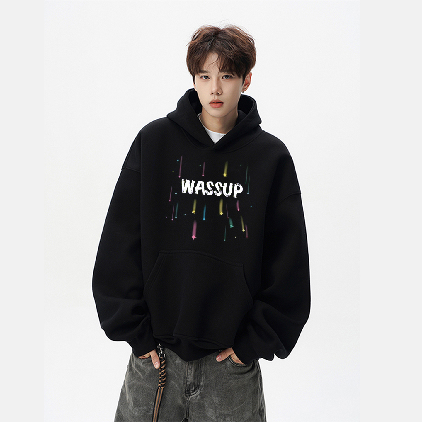 WASSUP国潮重磅秋冬季新款连帽卫衣女纯棉加绒加厚男士情侣装宽松