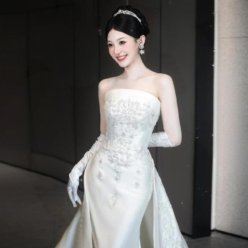 出租赁法式抹胸缎面鱼尾礼服裙女
