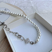 LUOLOK小众轻奢设计 珍珠链条拼接皓石十字圆牌项链 百搭锁骨链女