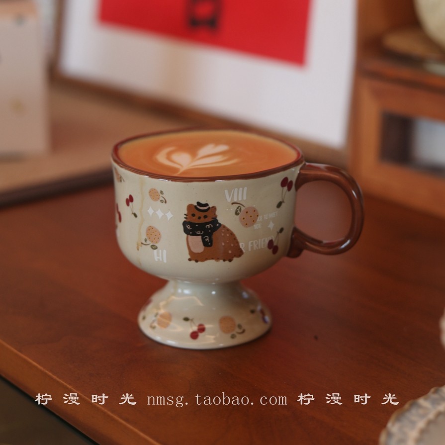 复古方口不规则异形中古焦糖猫咪陶瓷高脚杯咖啡拉花杯早餐杯礼物,餐饮具,马克杯,淘宝优惠券,粉丝福利购,淘宝优惠卷