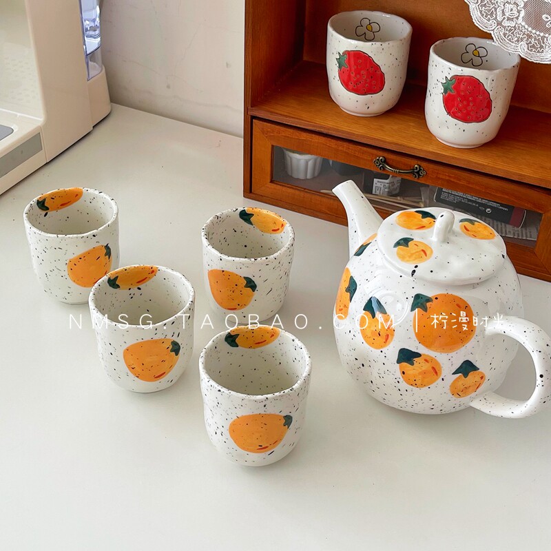 日式手绘水果图案陶瓷茶壶 家用 茶杯 可爱茶具 下午红茶釉下彩