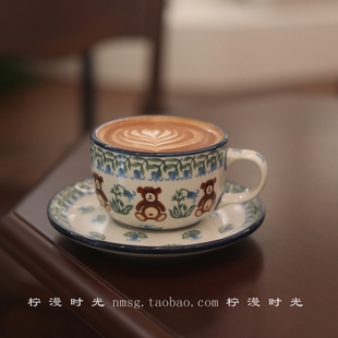 温暖中古风铃兰小熊陶瓷咖啡杯碟拿铁拉花杯下午茶杯碟伴手礼礼物