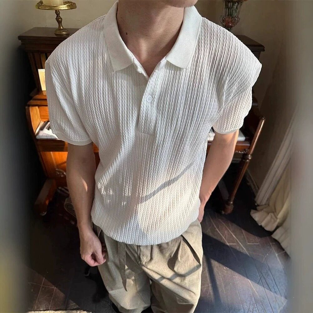 老钱风肌理感针织短袖男夏季复古镂空Polo衫纯色休闲宽松百搭半袖