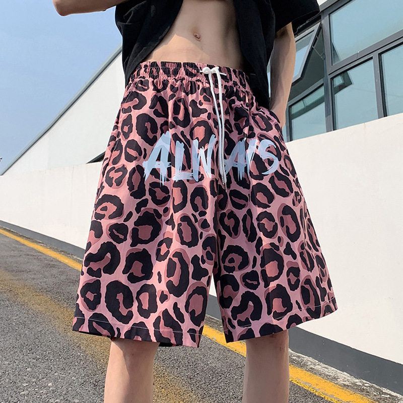 豹纹沙滩花短裤男夏季薄款速干大裤衩宽松睡裤情侣休闲五分裤子潮