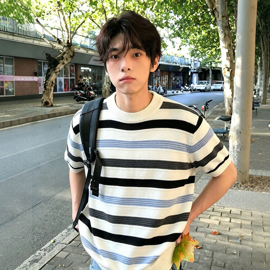 美式复古条纹撞色短袖男夏季cleanfit圆领针织T恤少年感情侣半袖
