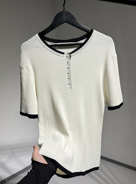 070922G识体店原温柔风米白色撞色圆领半纽扣修身短袖针织衫T恤女