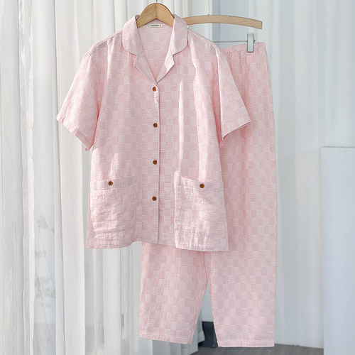 格子翻领宽松短袖睡衣家居服套装