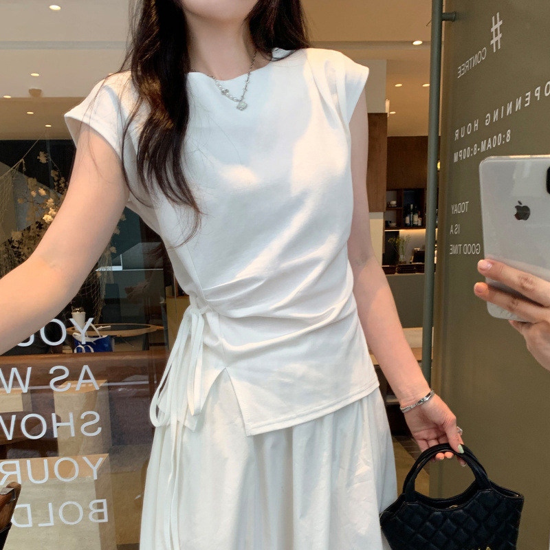 062565G识体店设计感白色圆领绑带收腰显瘦小飞袖开叉T恤上衣女图片