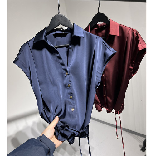 翻V领缎面腰带短袖衬衫上衣