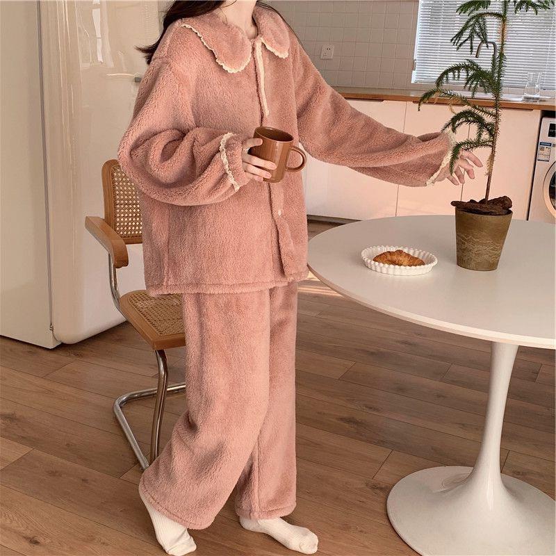 秋冬季女士法兰绒睡衣女冬款长袖加厚加绒可爱女生保暖家居服
