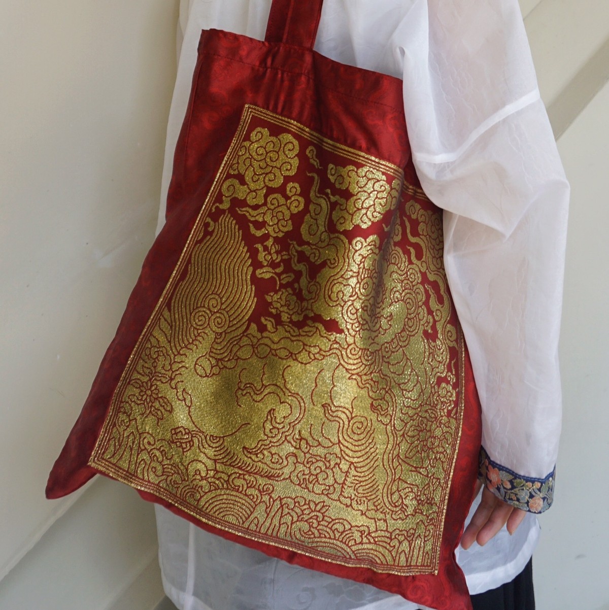 复原款国风织金狮子补手提帆布包汉服服配