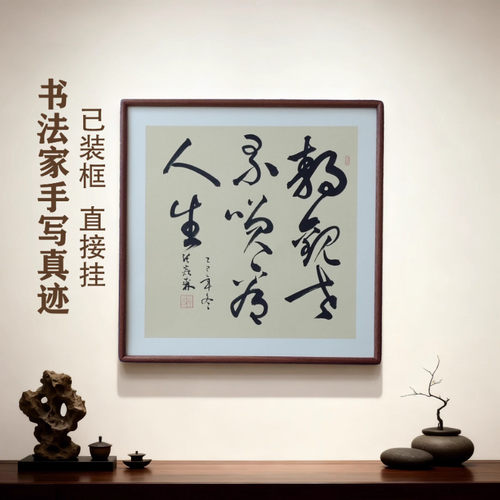 手写书法静观世界笑看人生 侘寂风客厅玄关禅意字画书房茶室挂画